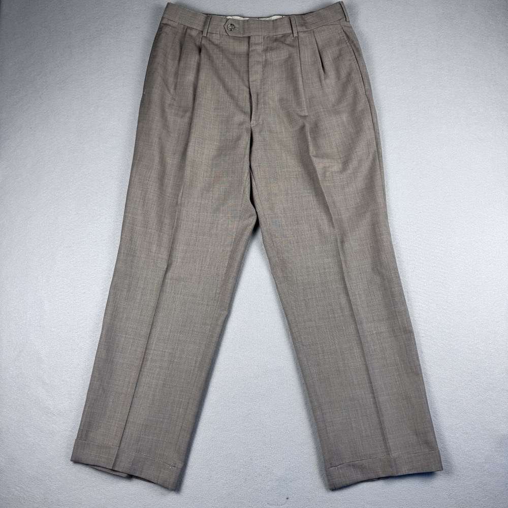 Vintage Jos A Bank Wool Double Pleated Cuffed Pant 34x29 Beige Straight Baggy